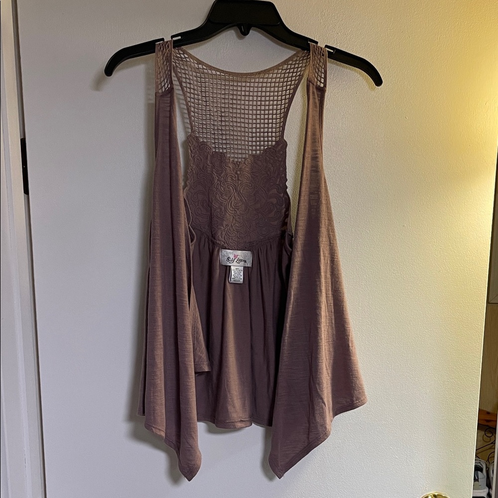 Self Esteem Tan Top with Lace Accents